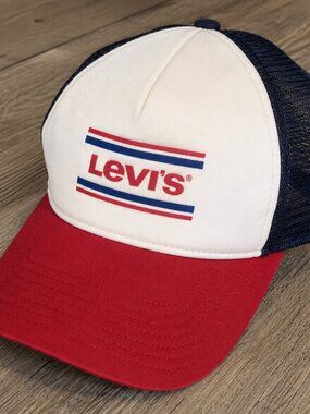 Vintage Levi’s Red White Blue Mesh Trucker Hat Adjustable One Size